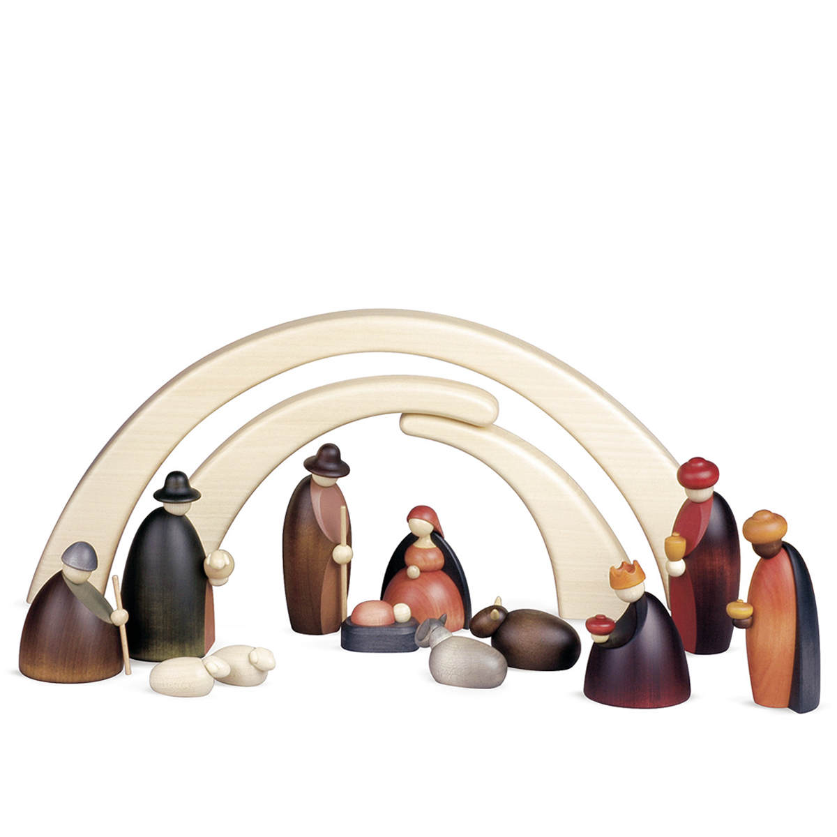 12 Krippenfiguren mit Stall als Set, klein, farbig
