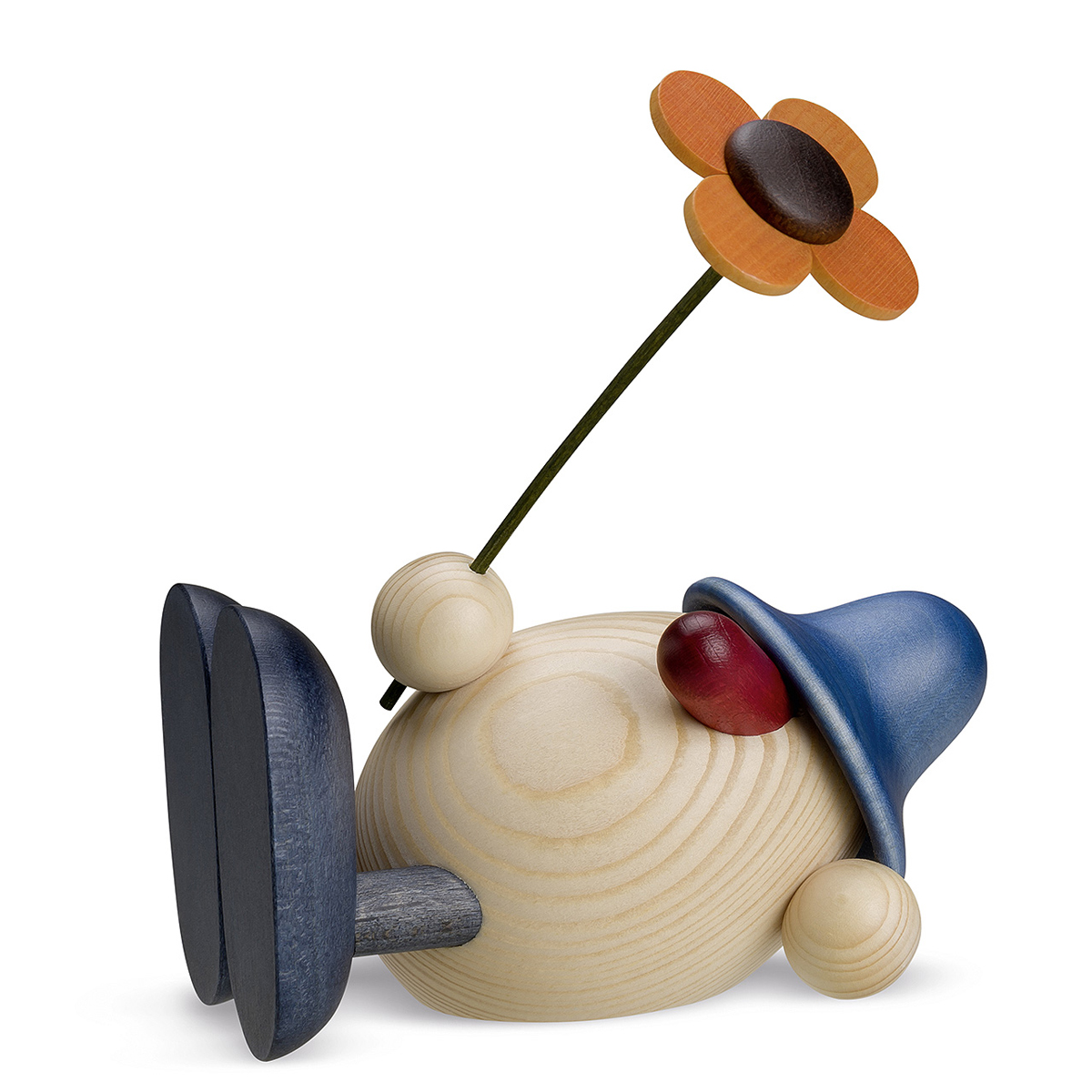 Eierkopf Oskar mit Blume liegend, blau