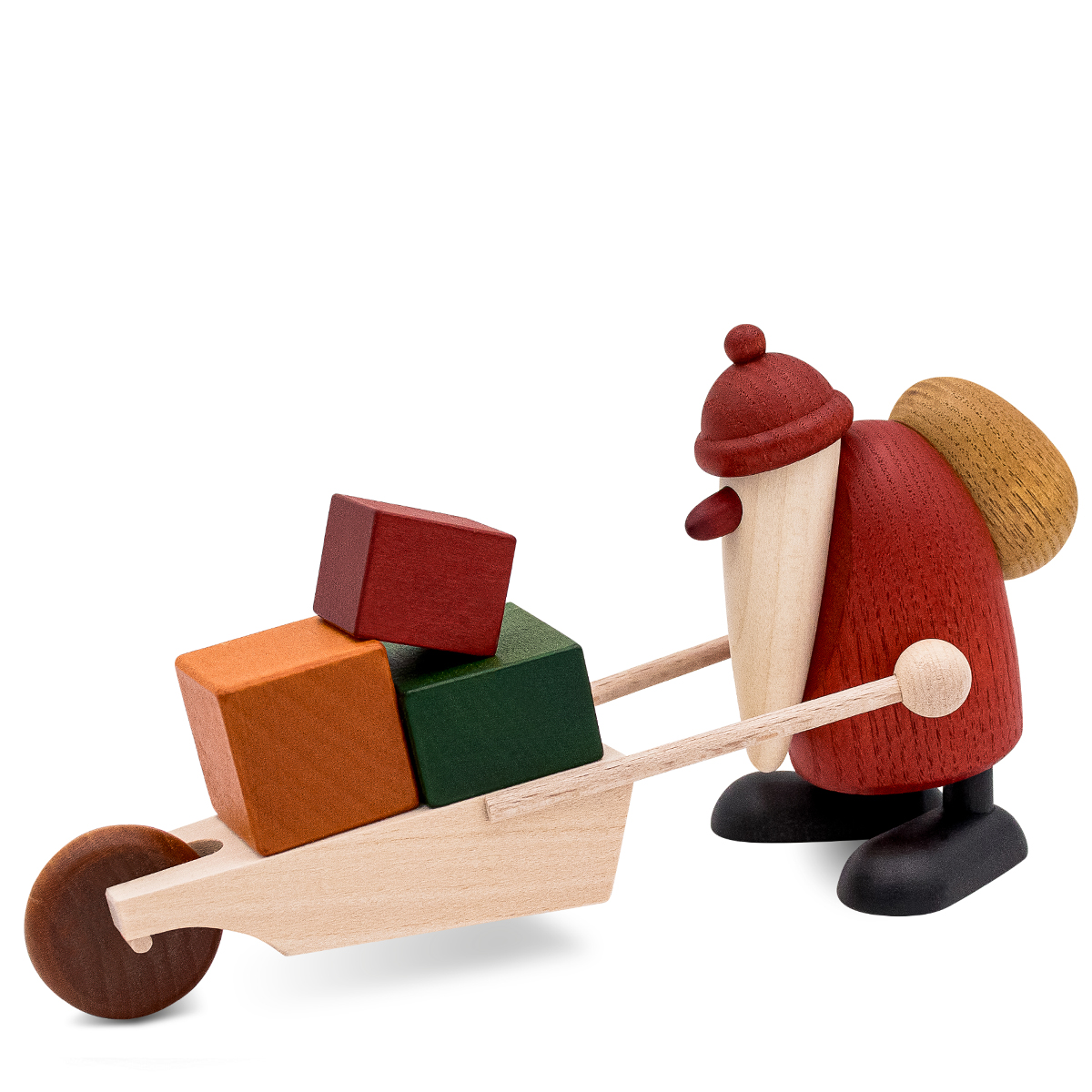 Weihnachtsmann mit Schubkarre und großen Geschenken, klein