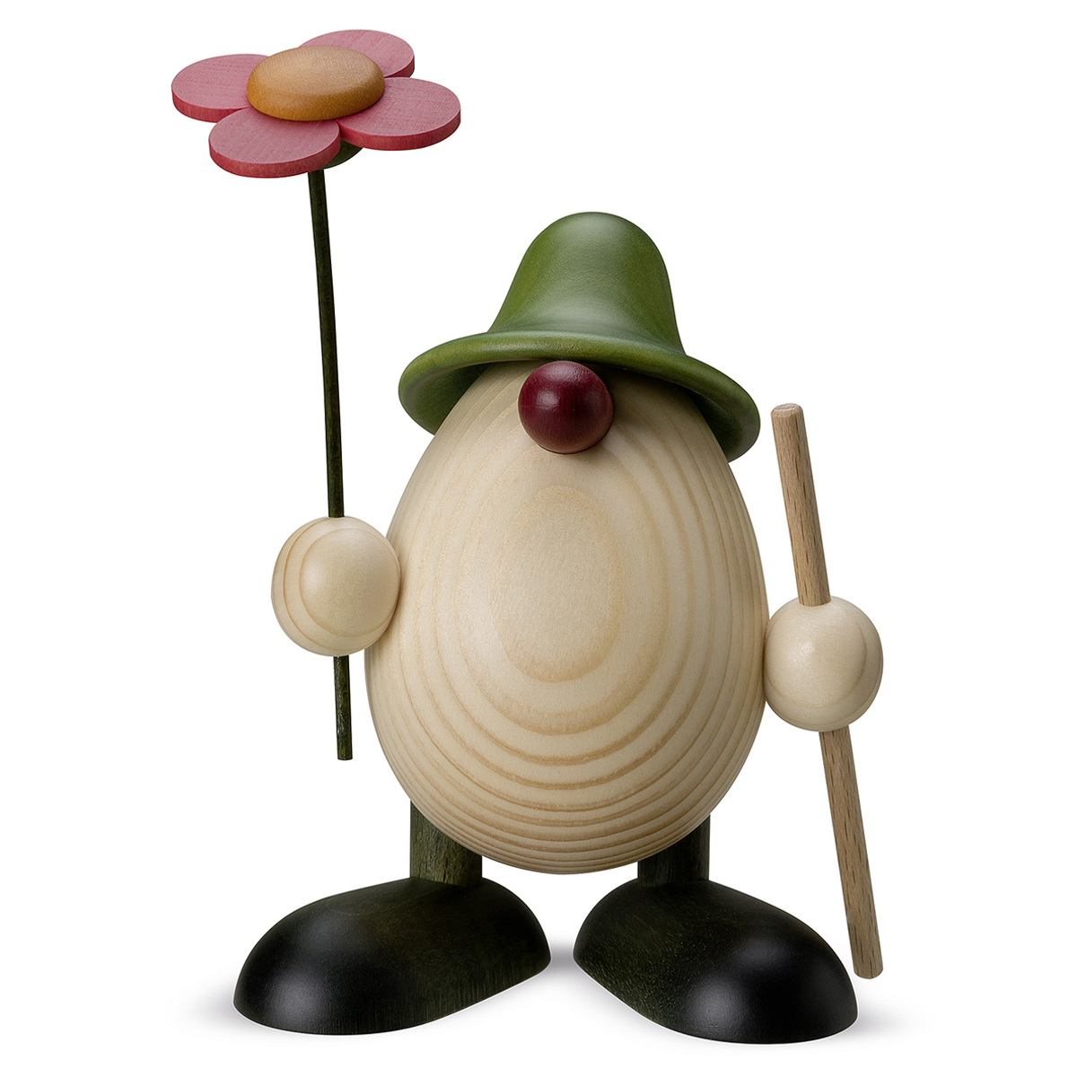 Eierkopf Rudi mit Blume und Stock, grün