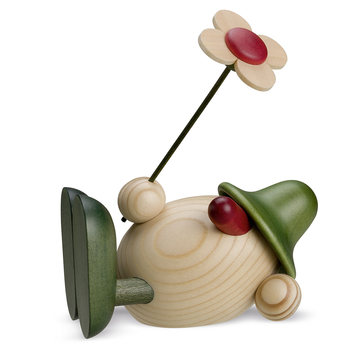 Eierkopf Oskar mit Blume liegend, grün